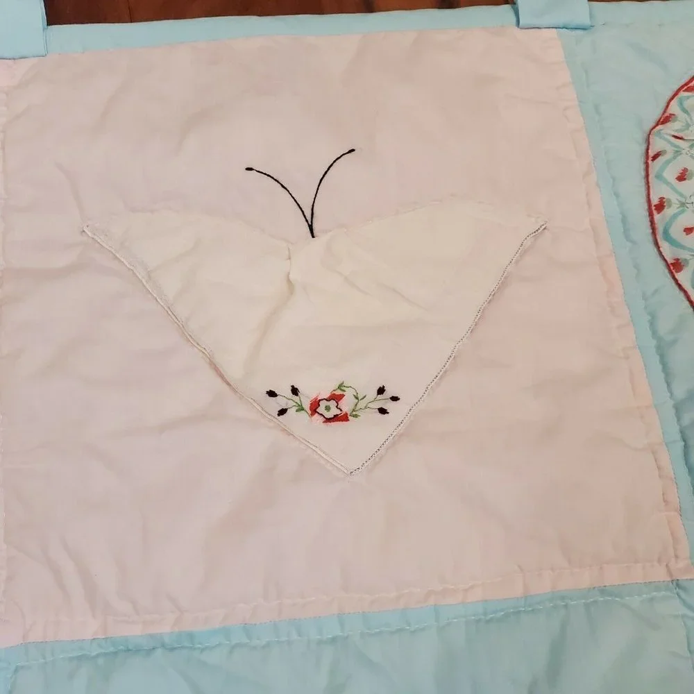 Vintage Butterfly‎ Floral Quilt Tapestry Embroidered Pastel Blue Pink 42 x 42